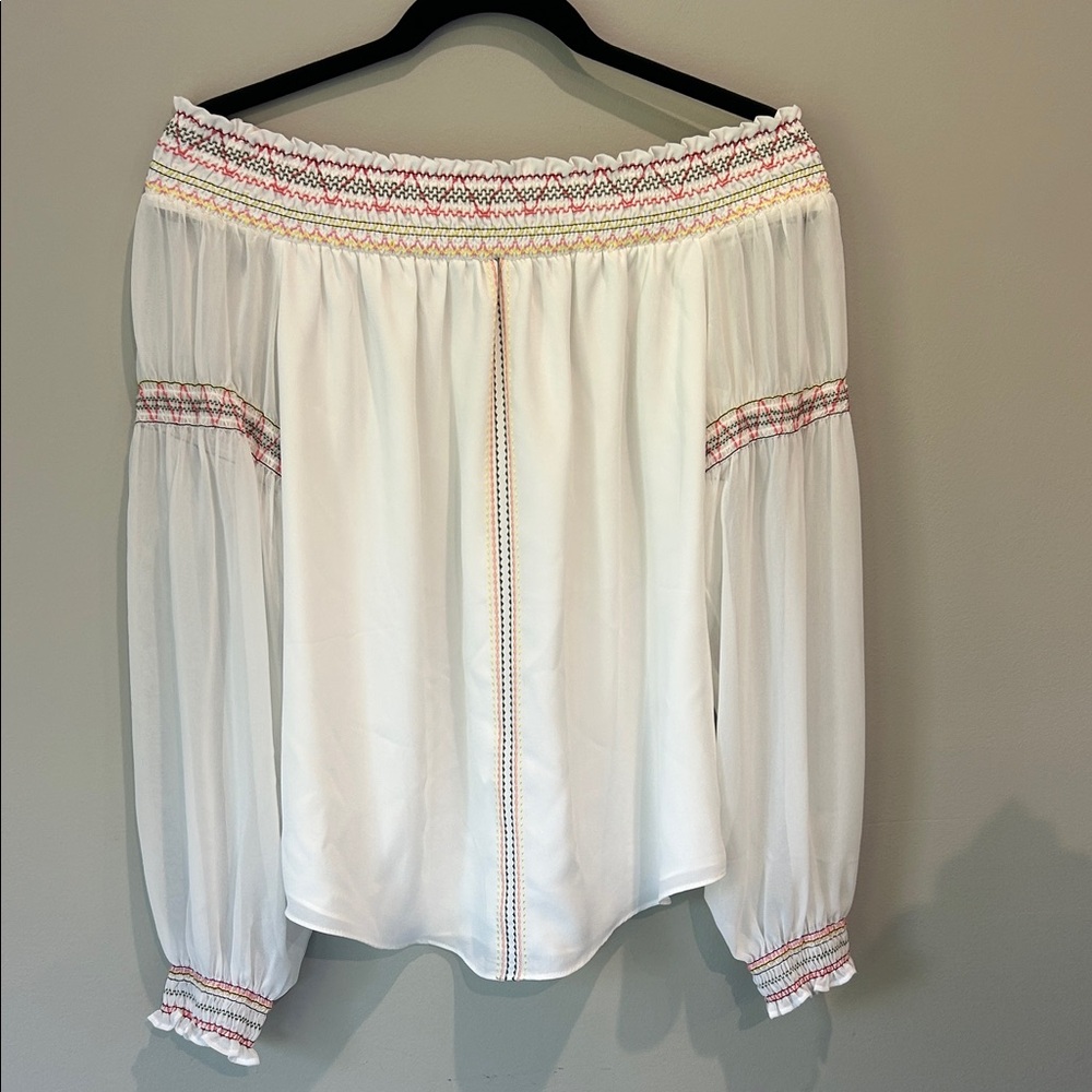White House Black Market White Smocked Blouse with Red Accents